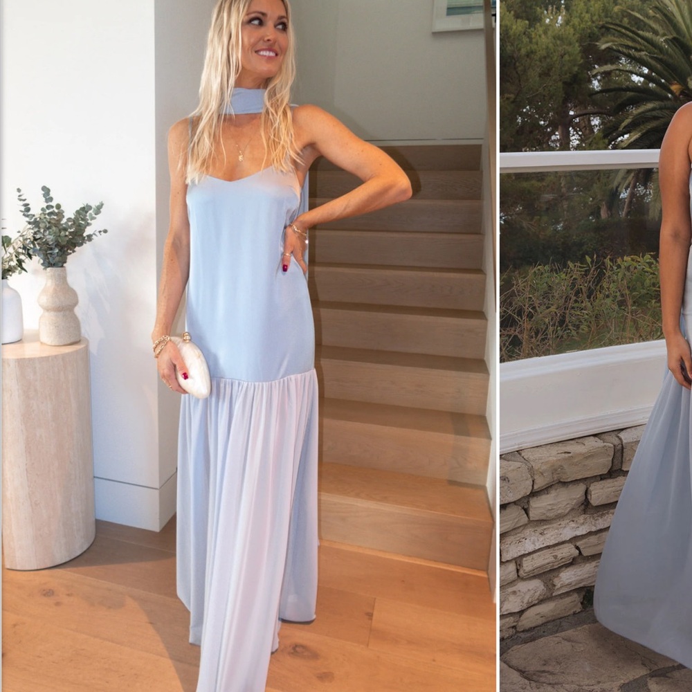 Dalia Maxi Dress in steel blue luxe satin